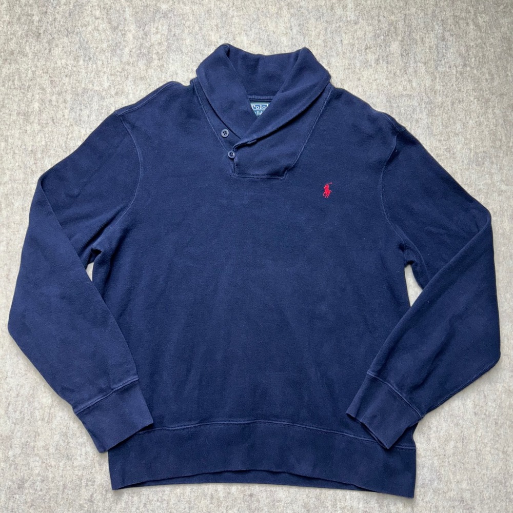 Polo By Ralph Lauren Mens Shawl Collar Sweatshirt Pullover Red Pony Logo‎ Navy L